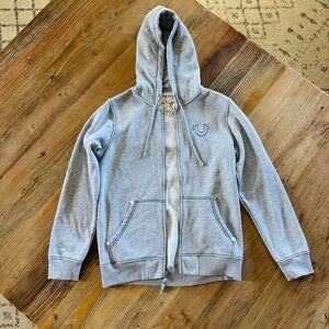 True Religion Light Gray Jacket Sweater Hoodie with Embroidered Logo
